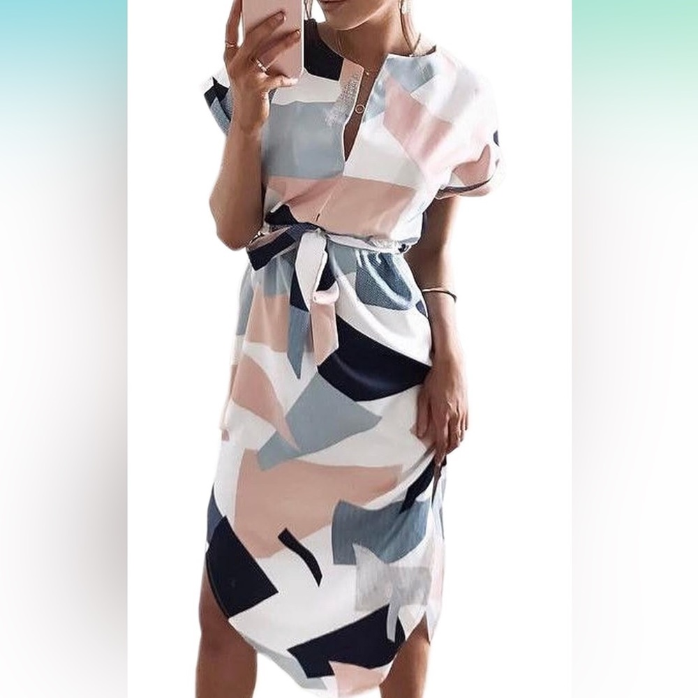Womens Dresses Summer Casual V-Neck Floral Print Geometric Pattern Belted Summer